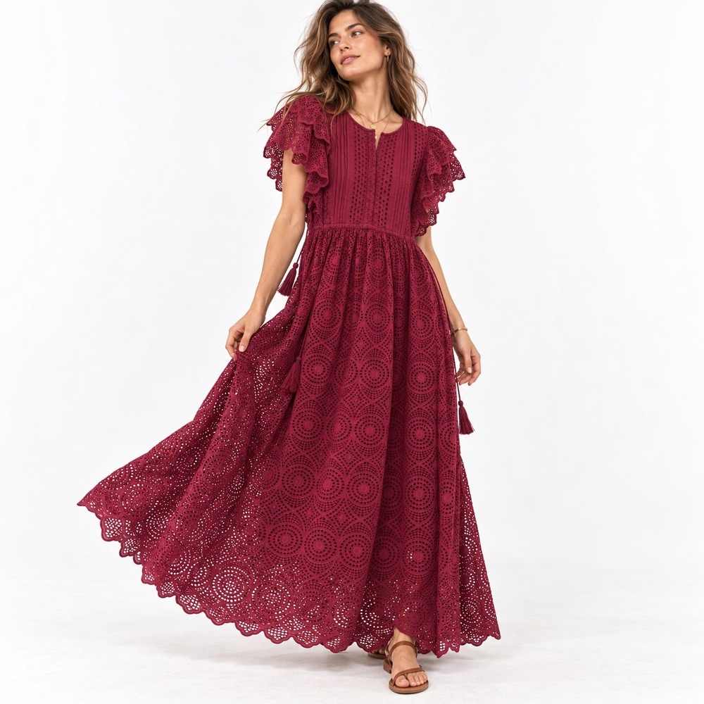 Baybala Burgundy Eyelet Cotton Maxi Dress Flutter Sleeve Tassel Wine Red Small